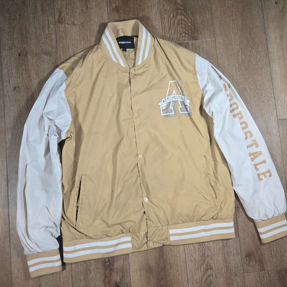 Aeropostale Varsity Bomber Jacket Men's Large Brown Snap Front Letterman Coat - Picture 1 of 7